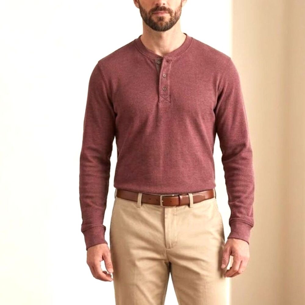 Mens Eddie Bauer Red Burgundy Thermal Waffle Henley Button Long Sleeve Shirt L